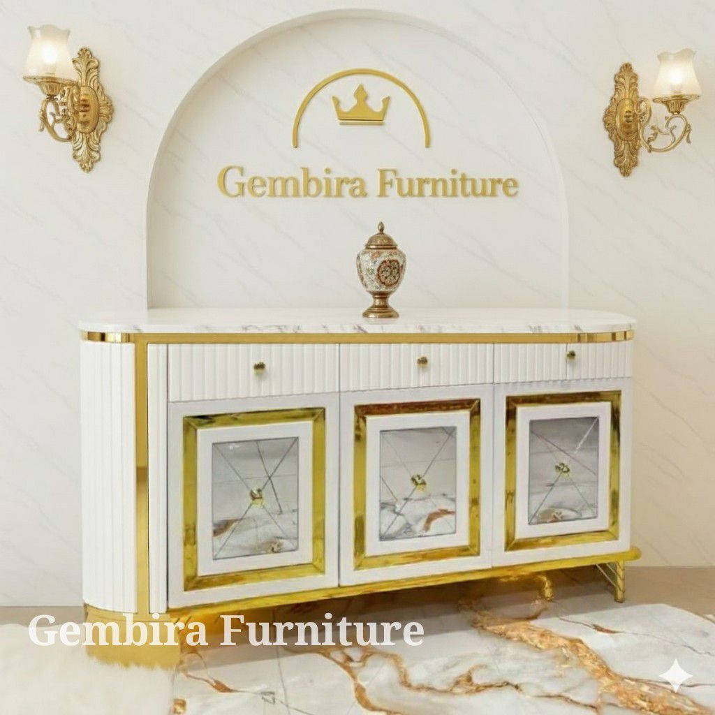 credenza meja laci drawer lemari kabinet penyimpanan storage make up tv kosmetik bevel gold marmer m