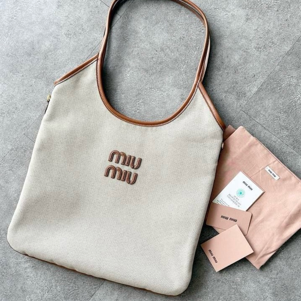 MIU MIU MIUMIU Ivy Regular Canvas & Leather Shoulder Tote Bag
