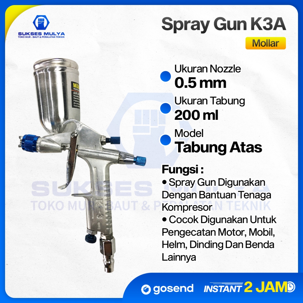 PROMO Spray Gun Mollar K-3 A Tabung Atas Semprot Cat 200 ml Air Spray Gun Gravity Duco Sped Kecil