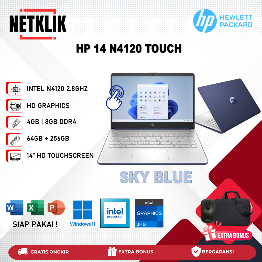 Laptop HP 14 Intel N4120 Touchscreen 8GB 256GB UHD Graphics Baru Murah