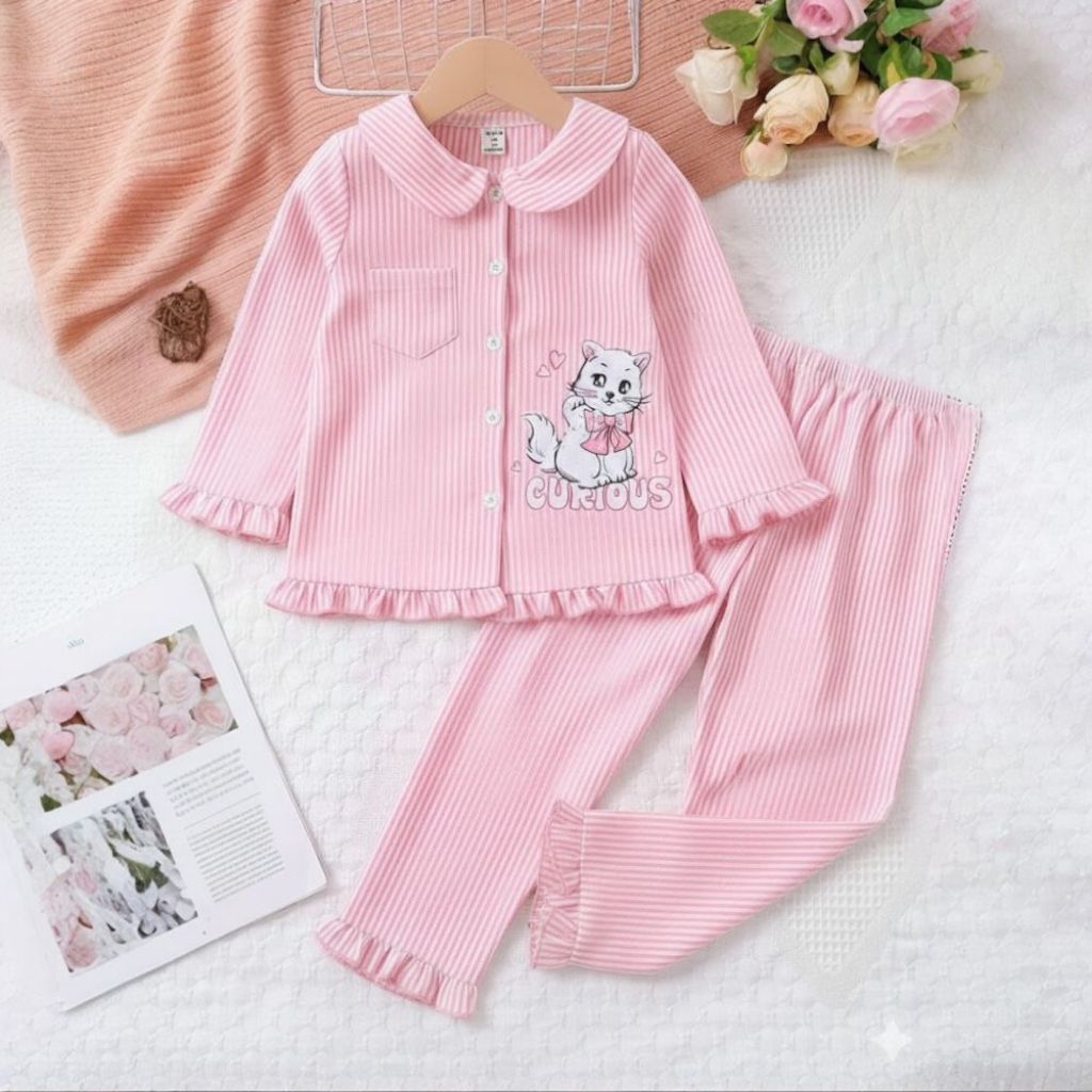 Piyama Anak Perempuan 1-8 Tahun Motif Kucing Lucu | Baju Tidur Adem & Nyaman | Setelan Tidur Anak Le