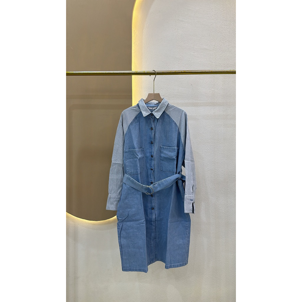 tunik jeans lengan motif salur free belt premium