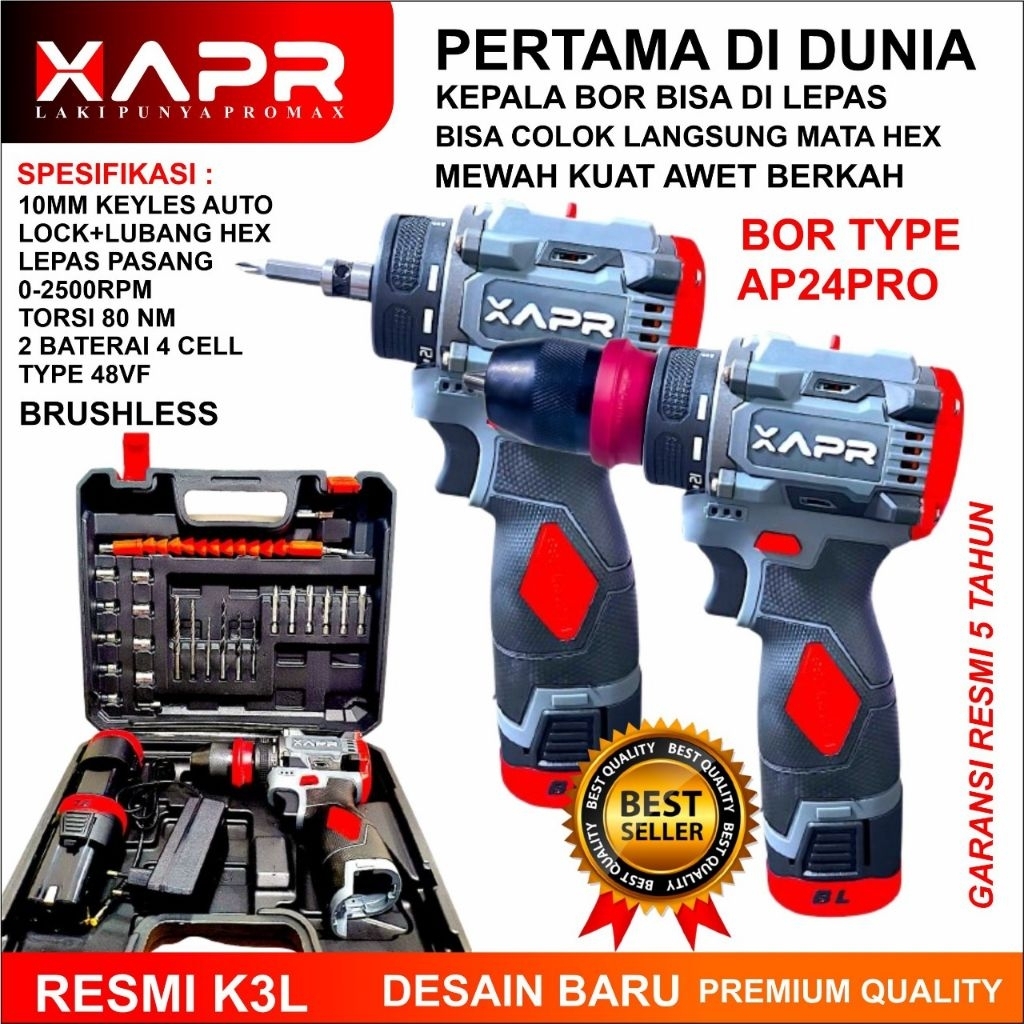 [COD]PROMO TERBARU!! APR bor brushless 2 batrai fullset asesoris driver 10mm keyless auto lock  AP24