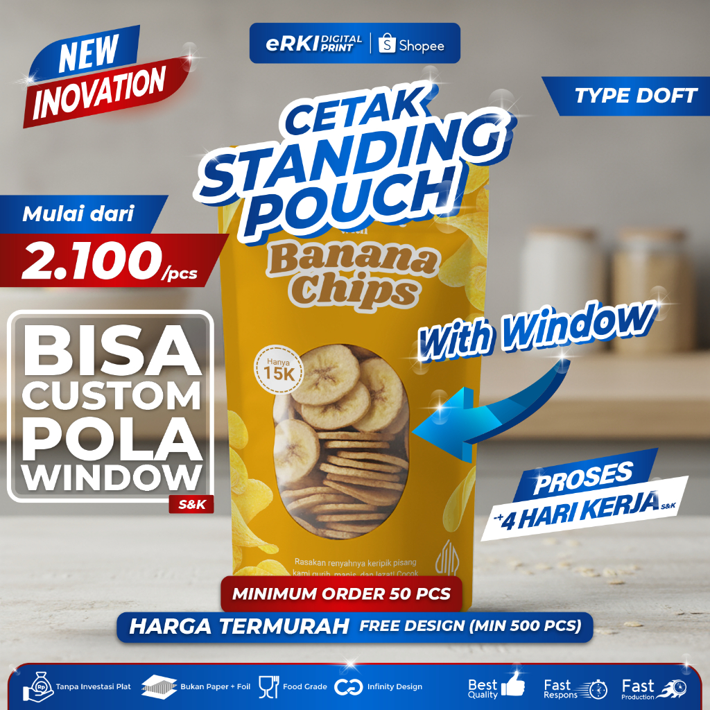KEMASAN MAKANAN STANDING POUCH CUSTOM DENGAN WINDOW / DOFT - ERKI PRINTING