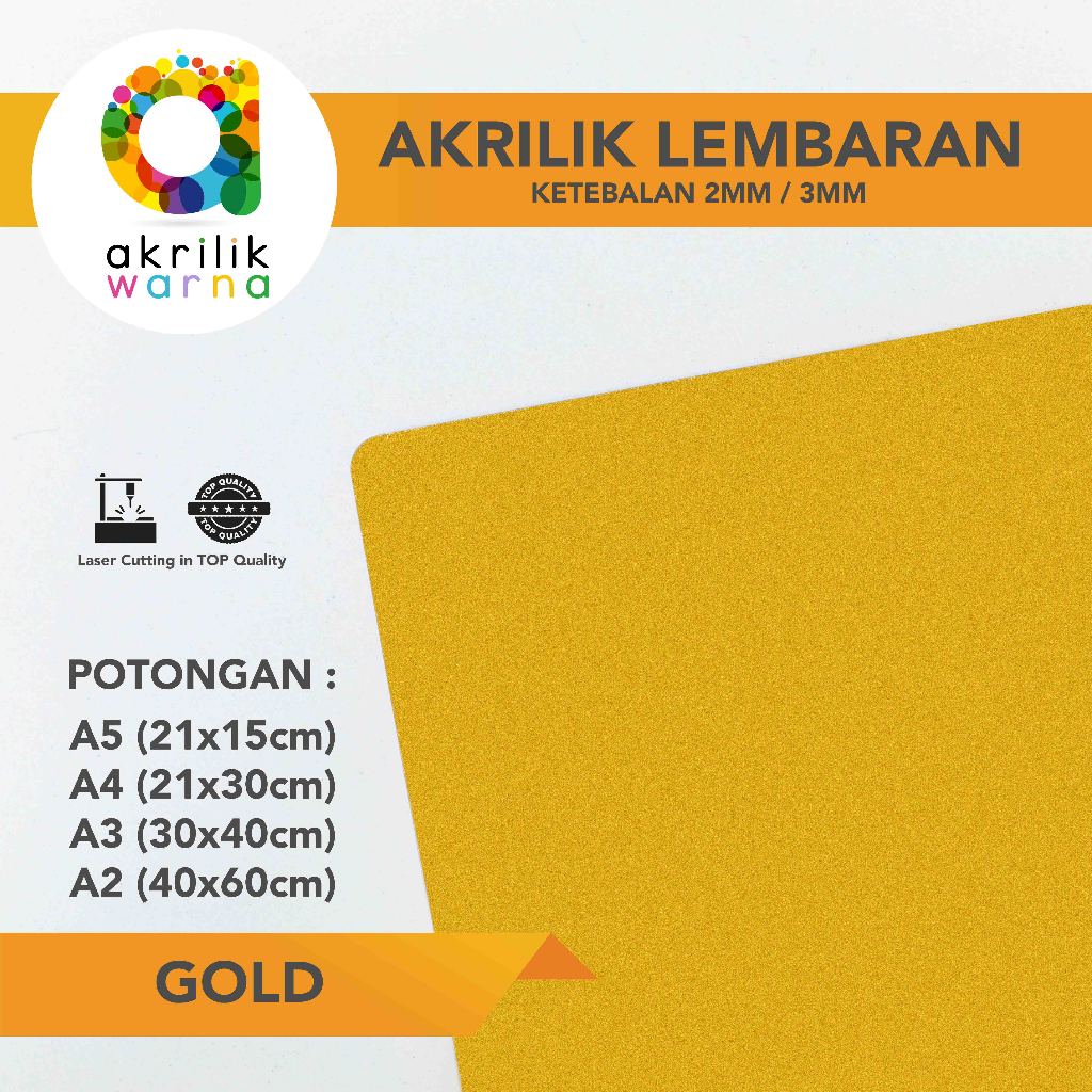 AKRILIK WARNA LEMBARAN POTONGAN - Gold Emas ukuran A5 A4 A3 A2