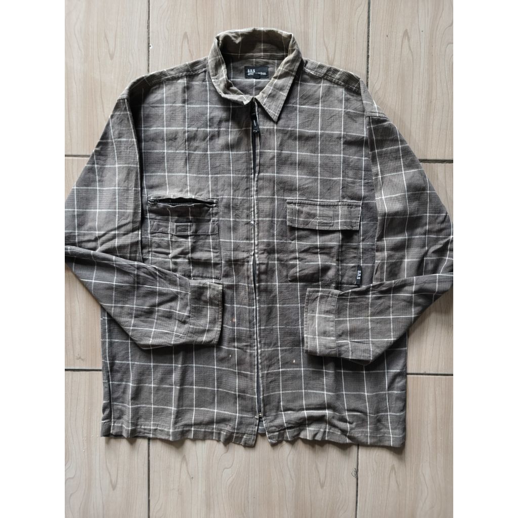 Jacket Kemeja Flanel Merek Ancestress North Sea Motif Kotak Kotak Warna Abu Gelap Garis Putih Bahan 