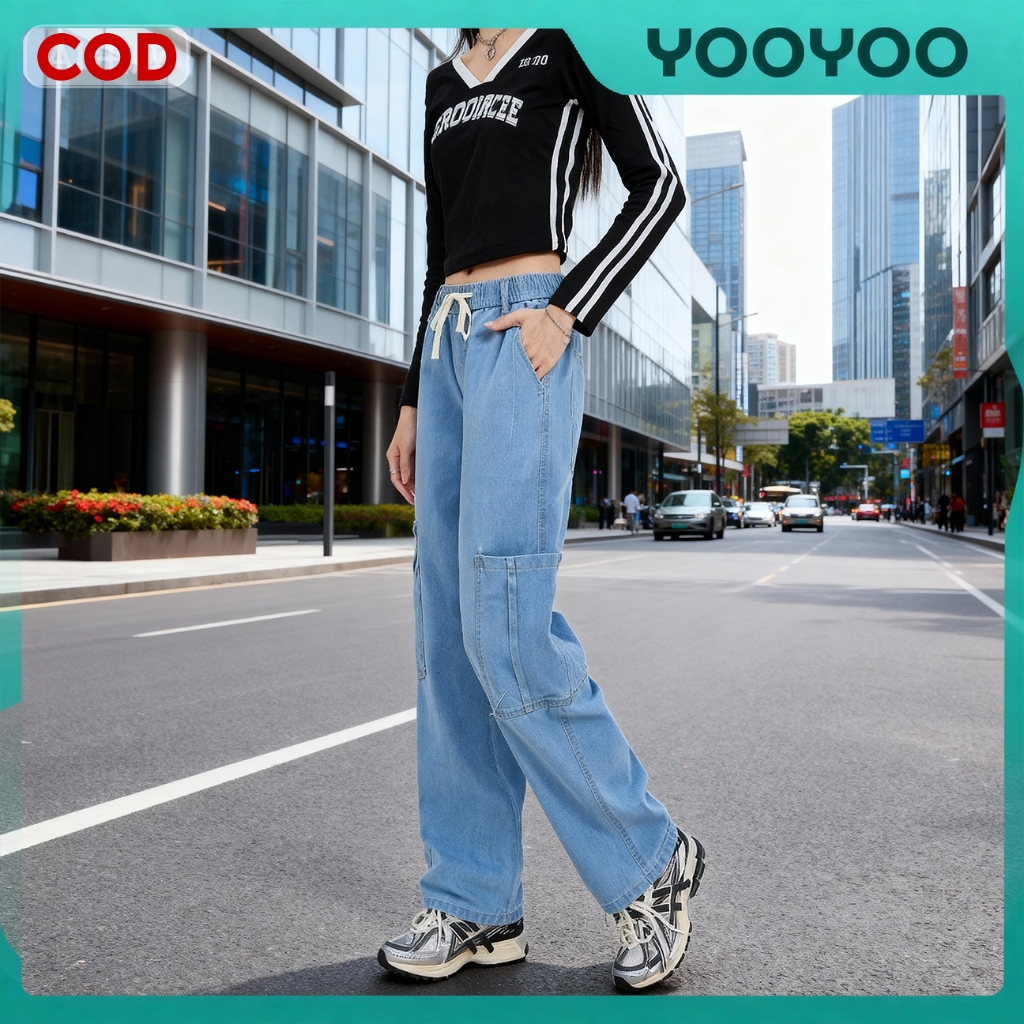 YooYoo Celana Jeans Wanita/Pinggang Tali Karet/Celana Highwaist Pinggang Karet Tali/Jeans Highwaist 