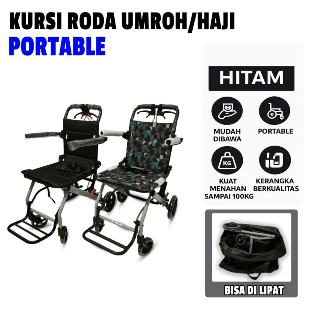 Kursi Roda Traveling Ringan Alumunium Bisa Dipakai Umroh/Haji - Kecil, Bisa dilipat Simple Bonus Tas