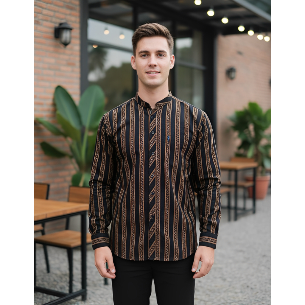 Baju Koko Lurik Pria Lengan Panjang Kemeja Koko Batik Motif Garis Hitam Coklat Kerah Shanghai