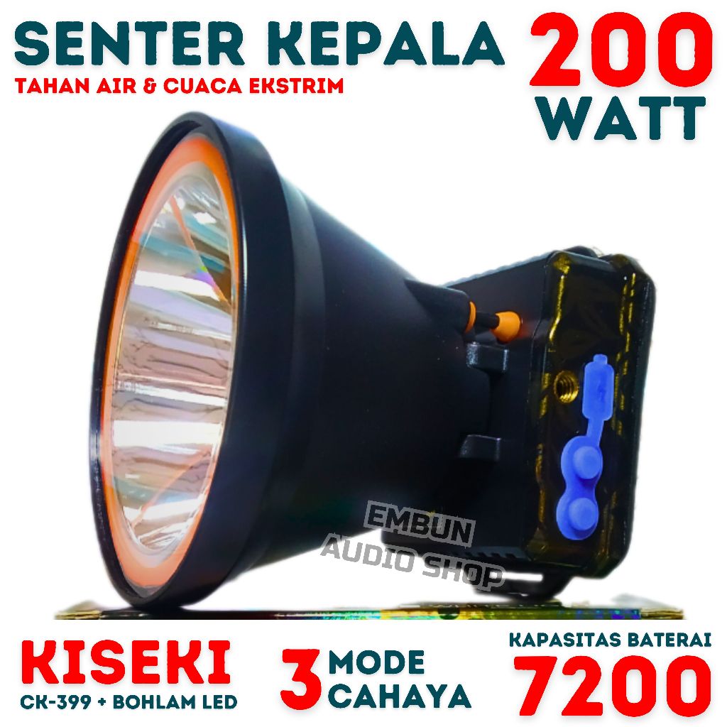 Senter Kepala 200Watt Super Terang Tahan Air KISEKI CK-399 | Senter Kepala Body Hitam 200 W Cas Ulan