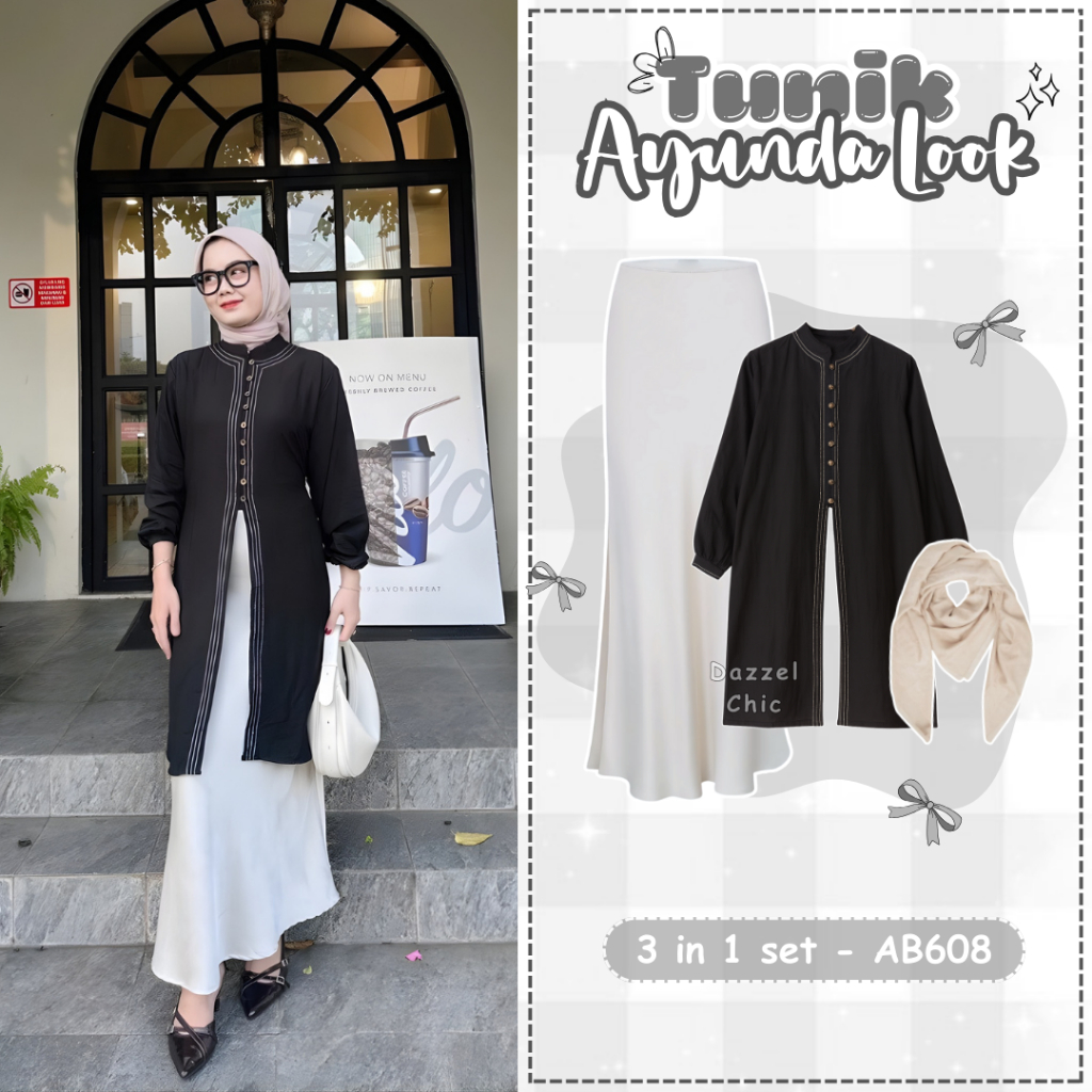 DazzelChic OOTD Lebaran Ayunda Tunik 3in1 Set Korean Hijab Kekinian ( Bella Square + Tunik + Rok Duy
