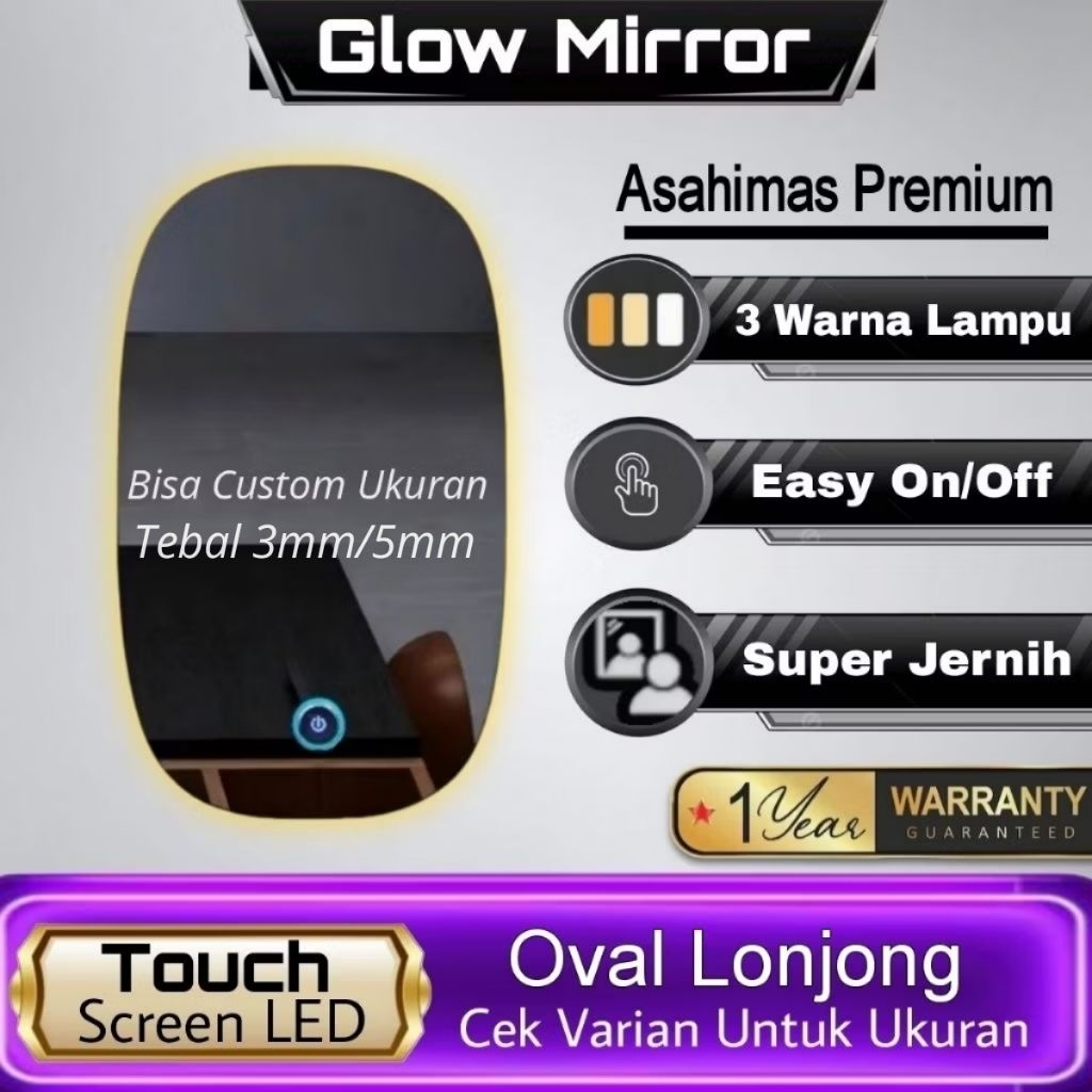 Cermin Dinding Wastafel Kamar Mandi Aesthetic Cermin Lonjong Touch Screen LED