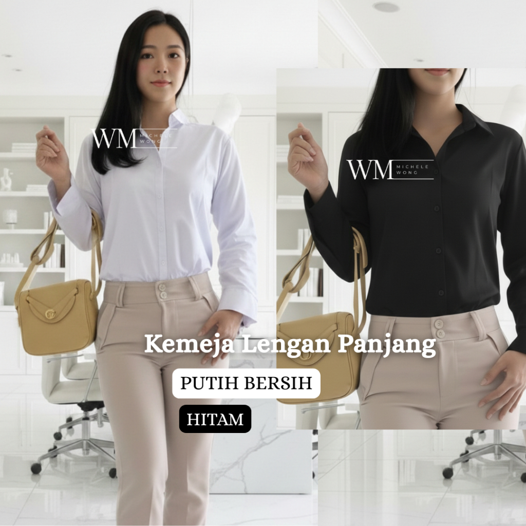 MW - Kemeja Lengan Panjang Putih Bersih / Hitam Polos Wanita Kerja Casual Wanita Bahan Katun Premium