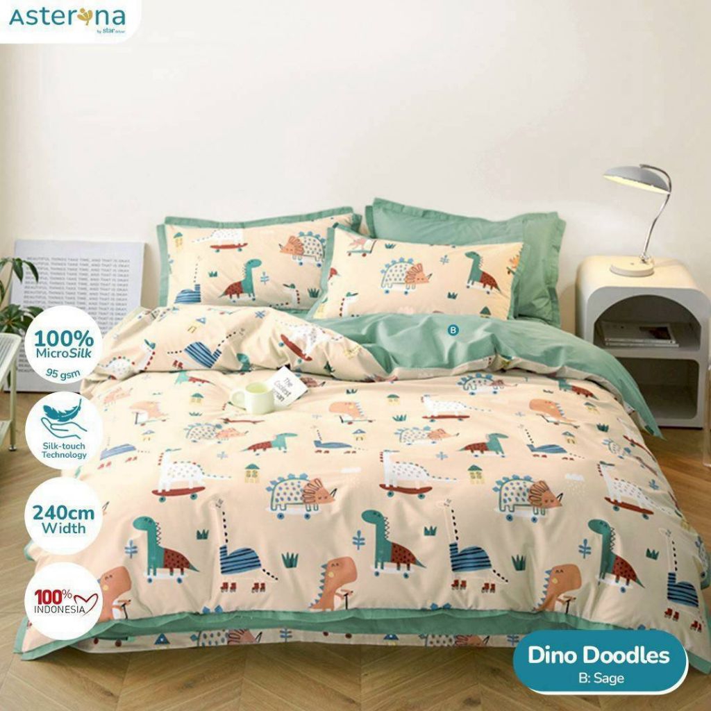 Sprei Karakter Anak Dino Doodles Krem Sarung Bantal Guling Ukuran Lengkap Kain Karet