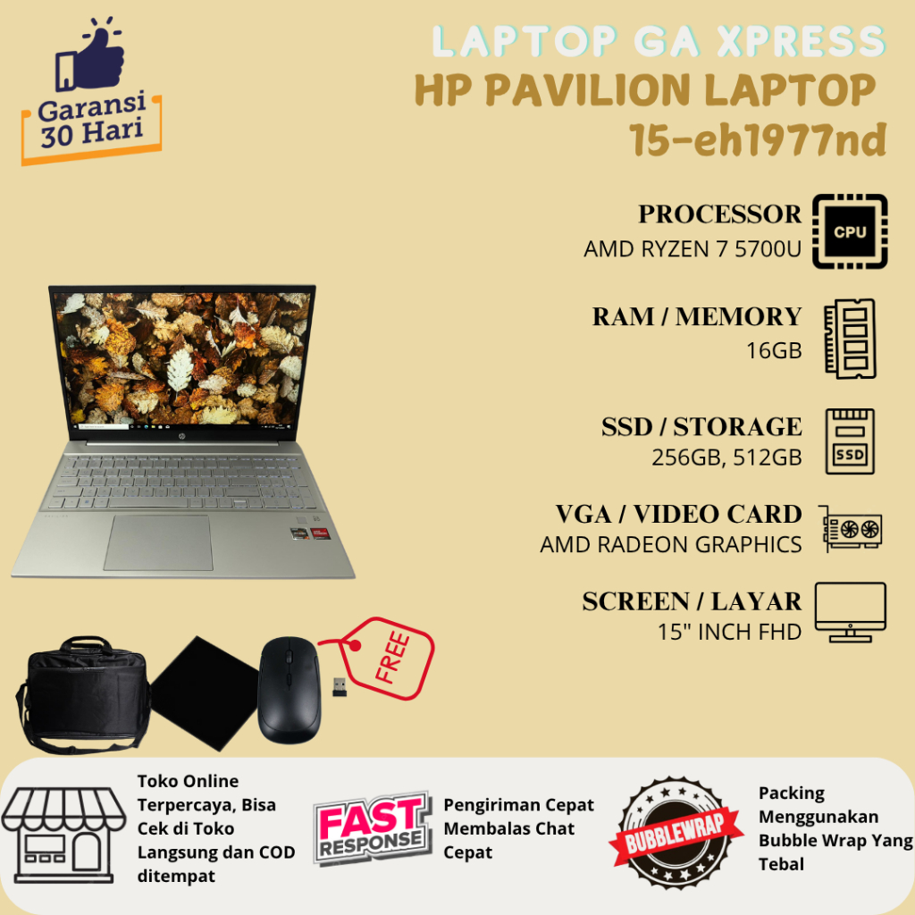 HP Pavilion Laptop 15-eh1977nd AMD Ryzen 7 5700U Layar 15" Inch FHD RAM 16GB SSD 256GB, 512GB