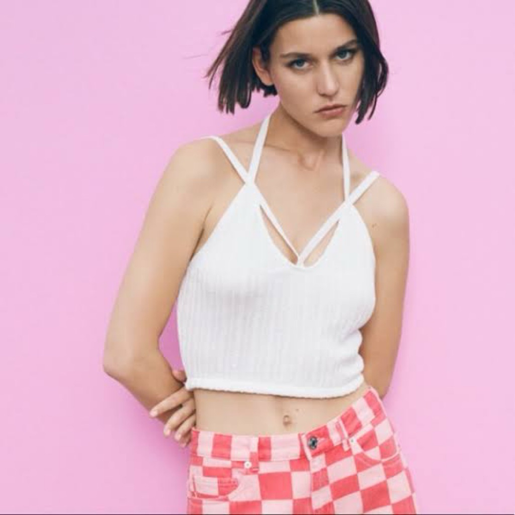 Zara White Halter Cropped Tank Knitted Crop Top Knit Camisole Summer V Neck Cami Vneck Tanktop