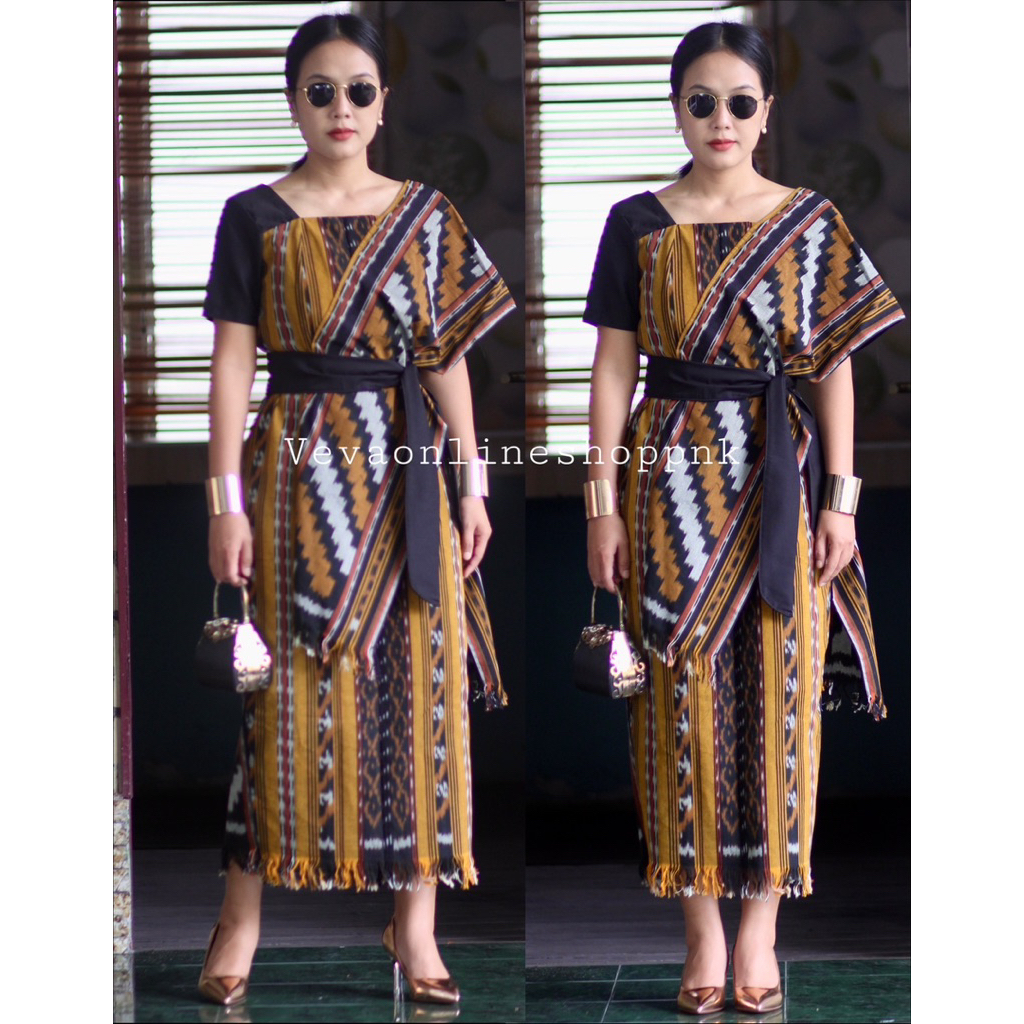 DRESS ETNIK TENUN MODEL LONG DRESS MOTIF INSANG KHAS MELAYU KALBAR