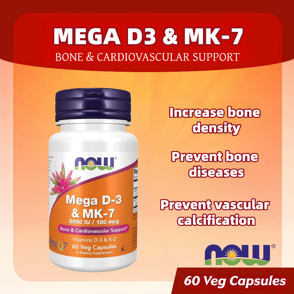Now Foods Vitamin Mega D3MK7 D-3 MK7 D3 & K2 MK-7 180 Mcg 5000 IU 60 Veg Capsules / Vitamin D3 K2
