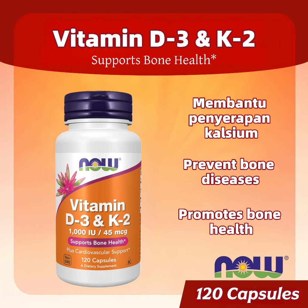 Now Vitamin D3 & K2 1000 IU/45 Mcg 120 Capsules Untuk Kesehatan Tulang Dan Jantung