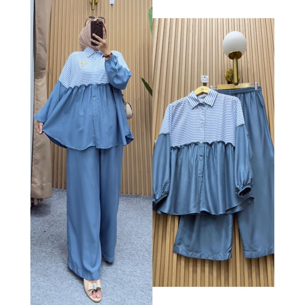 set salur kombinasi/ oneset tunik polos atasan kombi salur garis garis/ setelan wanita panjang/ set 