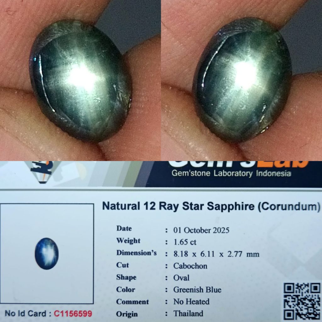Natural 12 ray star sapphire (corundum) no heated Thailand memo GLI