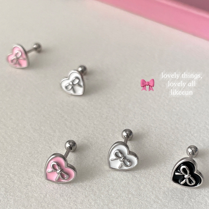 S925 SILVER Anting-anting perak berbentuk hati warna merah muda dengan pita kupu-kupu, anting-anting