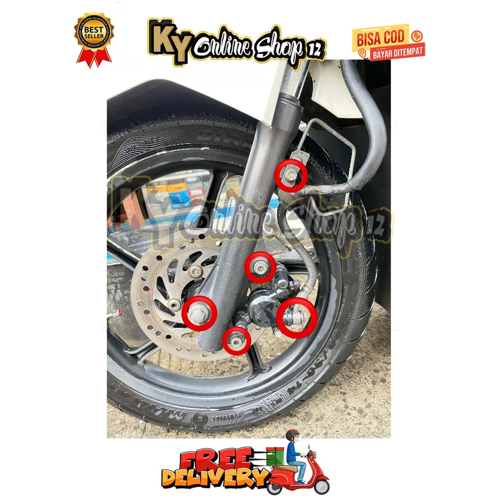 BAUT BREKET + REM + BANJO + AS KALIPER DEPAN ( 5 BAUT ) BEAT SCOOPY KARBU FI ESP SPACY VARIO 110 TEC