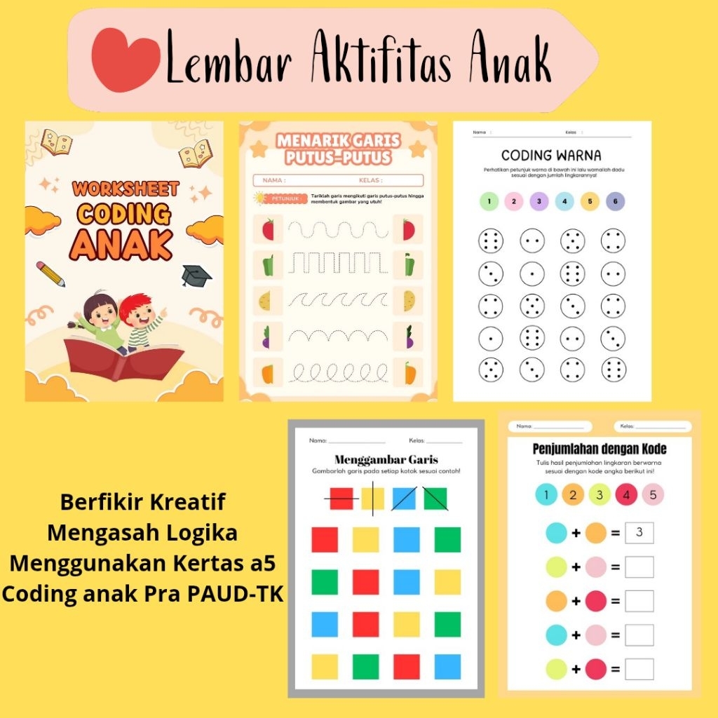 [50 lembar] Worksheet coding anak pra paud, paud, tk / Belajar Untuk anak pra paud, paud, tk / works