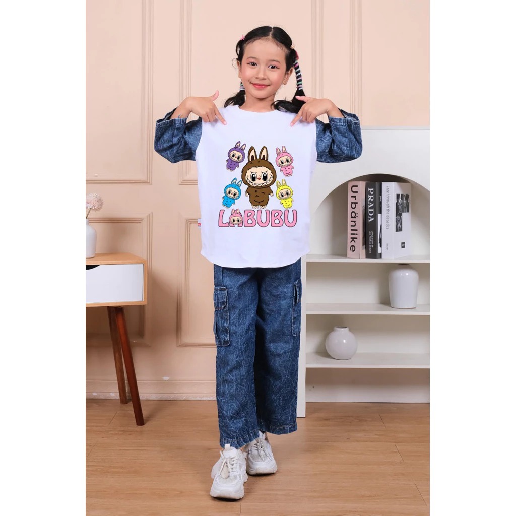 (Gratis Ongkir) Setelan Baju anak perempuan Gambar Labubu3 Celana Levis Cargo 3 tahun - 14 tahun
