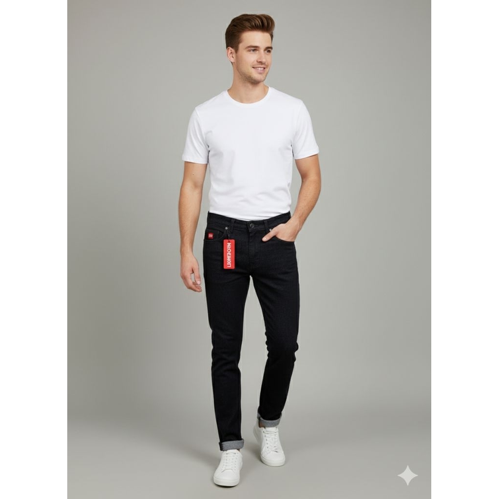 Celana jeans pria slim fit Shelvedge black jazz polos