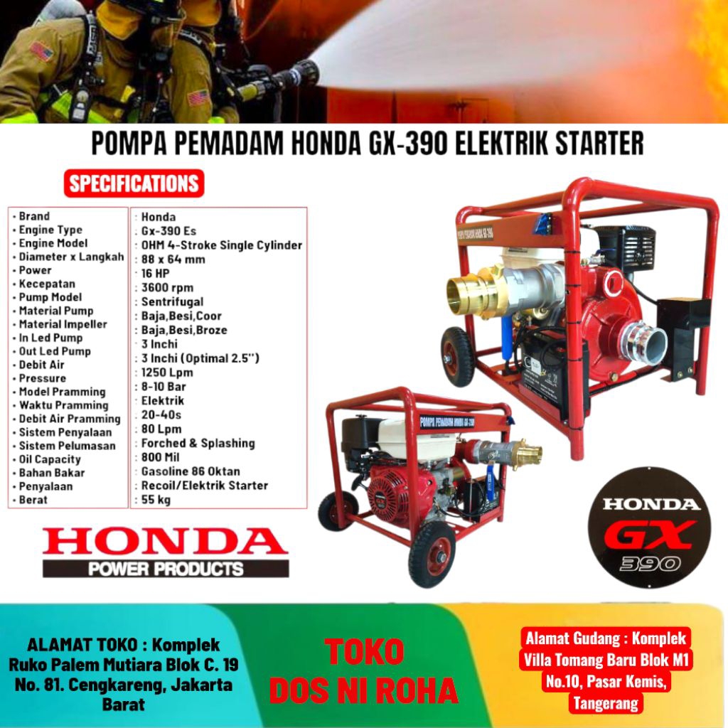 PAKET POMPA PEMADAM HONDA TAILAND 3 INCHI GX-390  ELEKTRIK STARTER