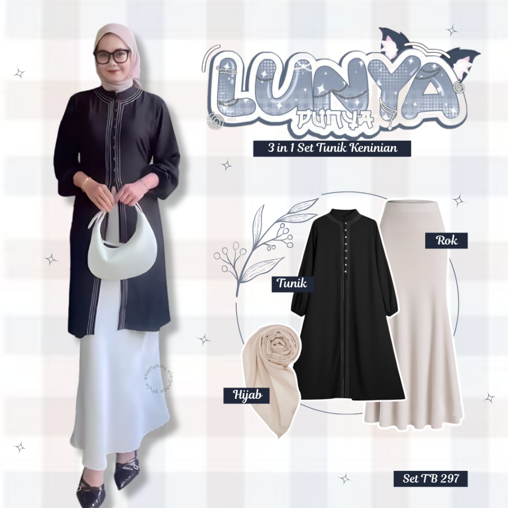 One Set Ayunda Tunik Hitam dipadukan dengan Rok Duyung Scuba Hijab Bella Square Outfit Lebaran Kekin
