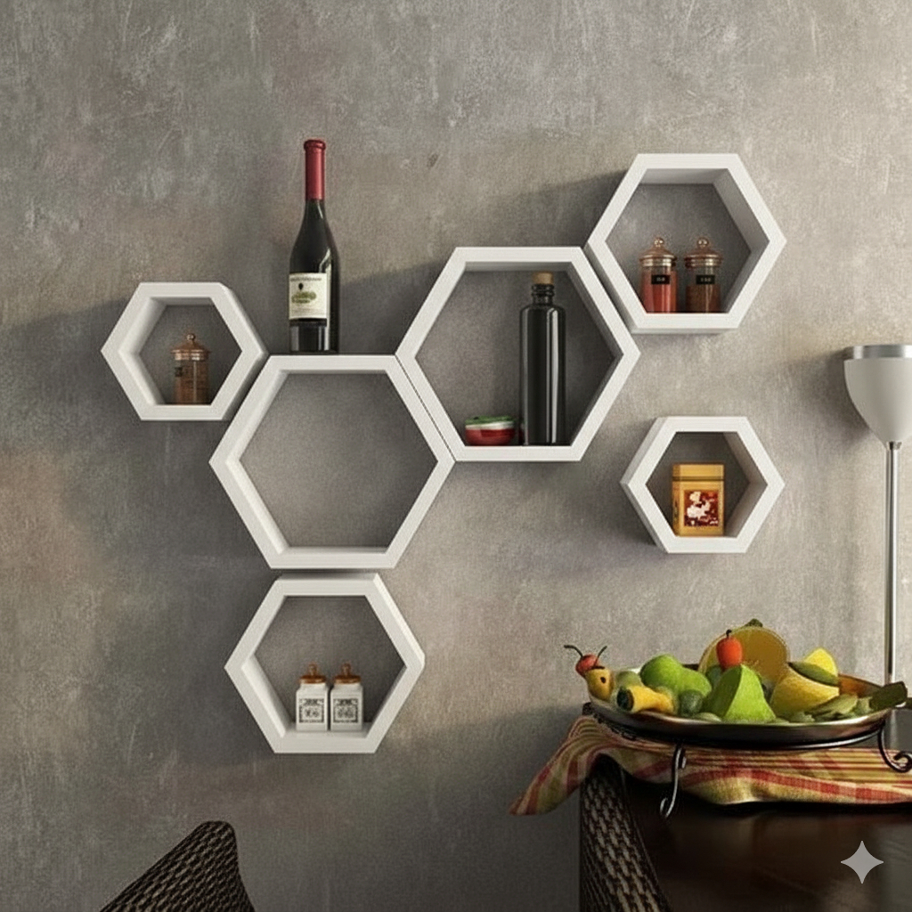 Rak Hiasan Dinding Aesthetic Hexagonal Gantung Minimalis Kayu Pajangan Tempel Dinding