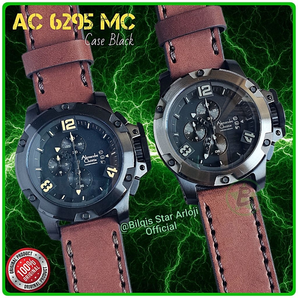 Alexandre Christie Pria Besar Ac 6295 Mc Case Hitam Tali Kulit Coklat Original
