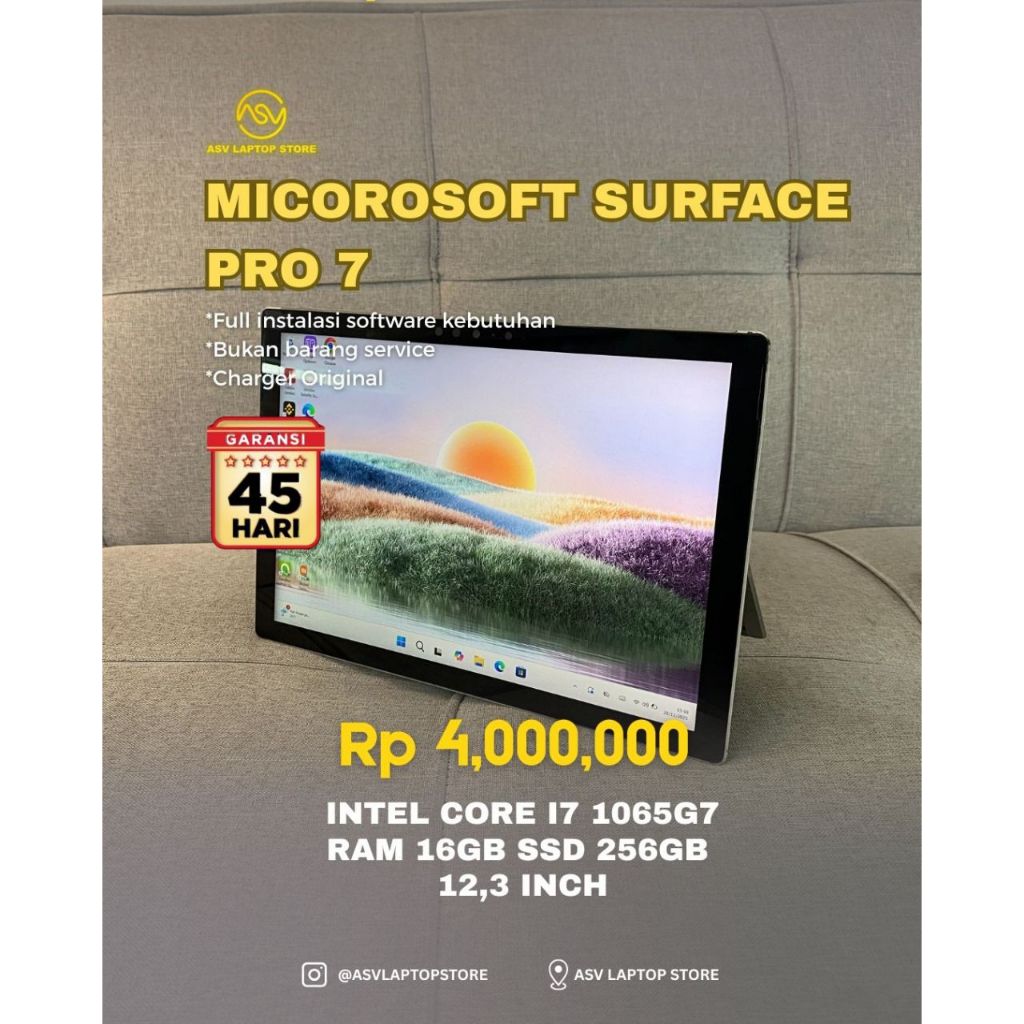 MICROSOFT SURFACE PRO 7 CORE I7 1065G7 RAM 16GB SSD 256 LAPTOP TABLET 2 IN 1 FLEXIBLE RINGAN MURAH O