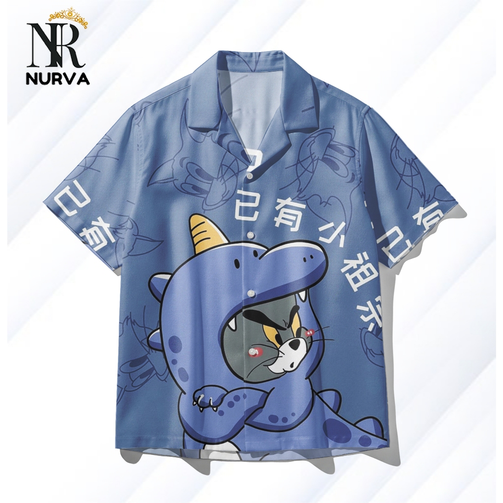 NURVA Kemeja Full Print Pria Wanita Motif Tom Kucing Kartun Kostum Dino Biru – Kemeja Hawai Casual P