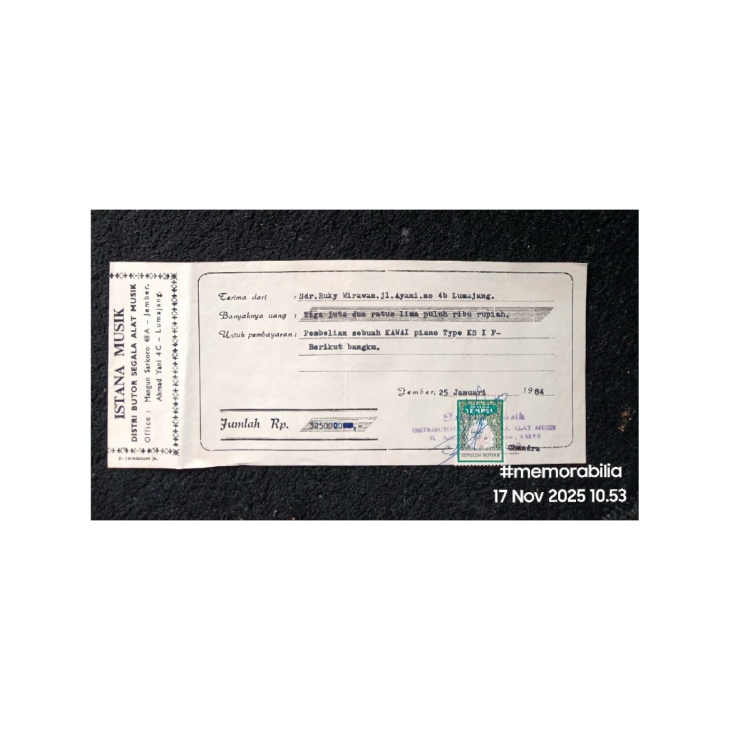 Koleksi Kwitansi Lawas Pembelian Unit PIANO