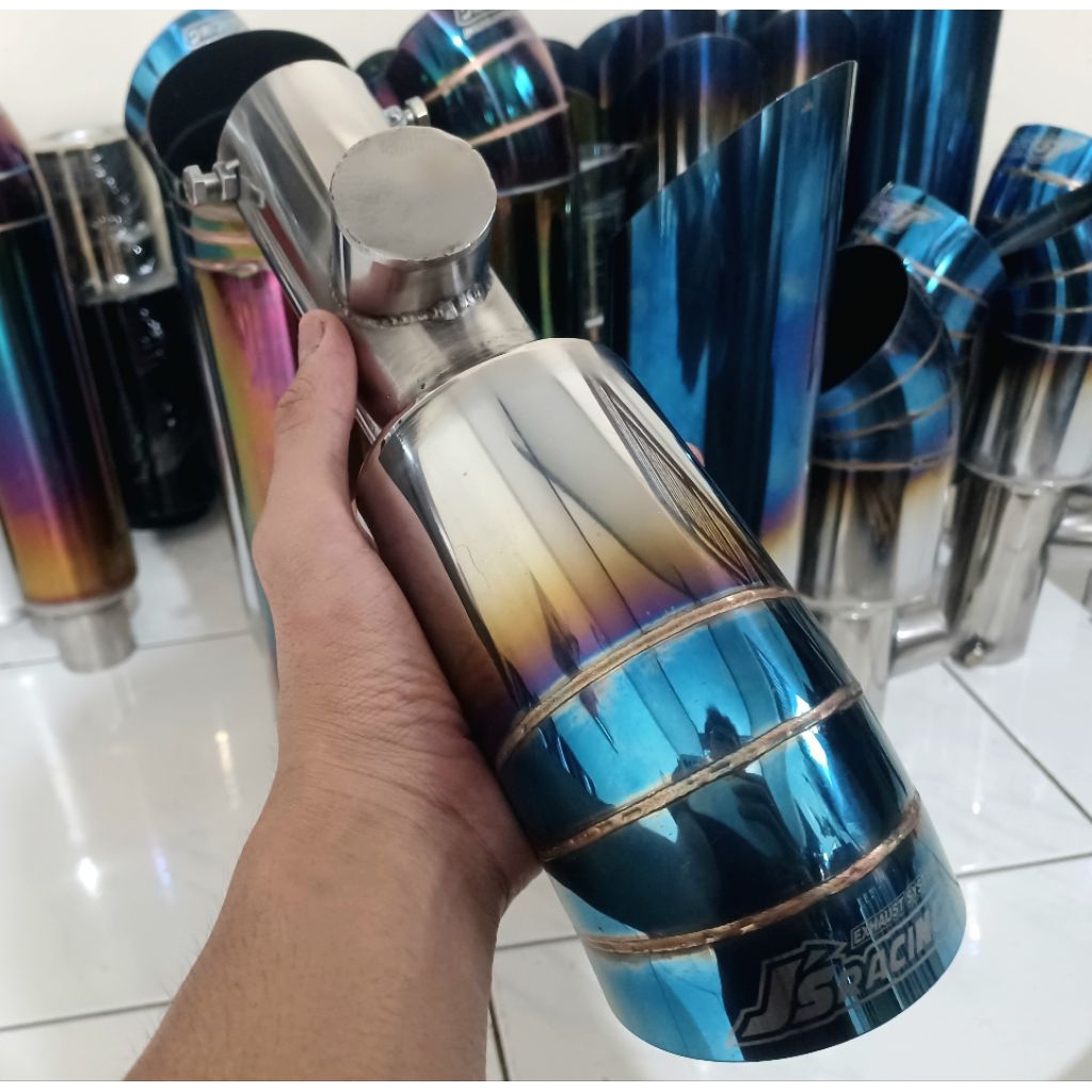 Knalpot Suos Knalpot JS Racing Blue Moon Universal Muffler Mobil Bensin – Suara Ngorok, Sistem Baut 