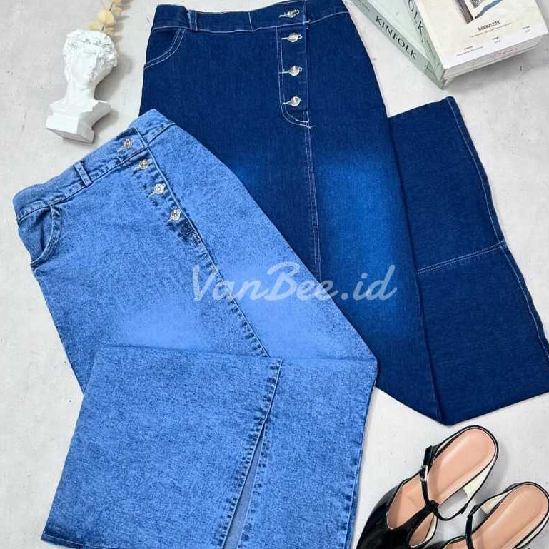 Rok Jeans Rebecca Rok Span Jeans Belah Samping Kancing Empat Korean Style