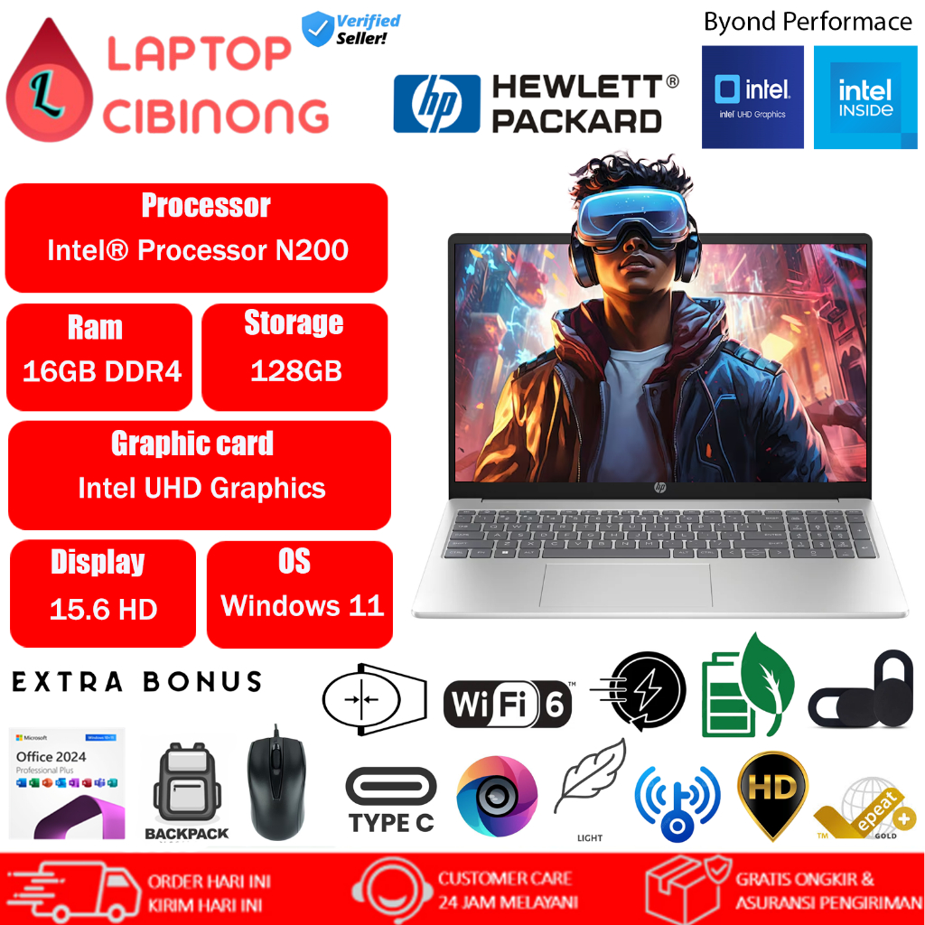 Laptop Terbaru HP 15 Intel N200 Ram 8GB 128GB Windows11 Home Silver