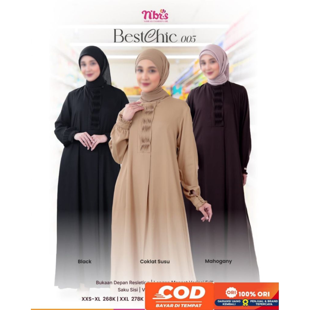 Gamis NIBRAS Bestchic 005 Black ,Coklat Susu ,Mahogany/Gamis Nibras Terbaru 2025/Original