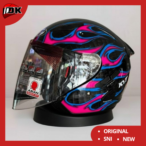 HELM HALF FACE KYT GALAXY FLAT R FLAME BLACK FUXIA DOUBLE VISOR ORIGINAL HITAM PINK BIRU API