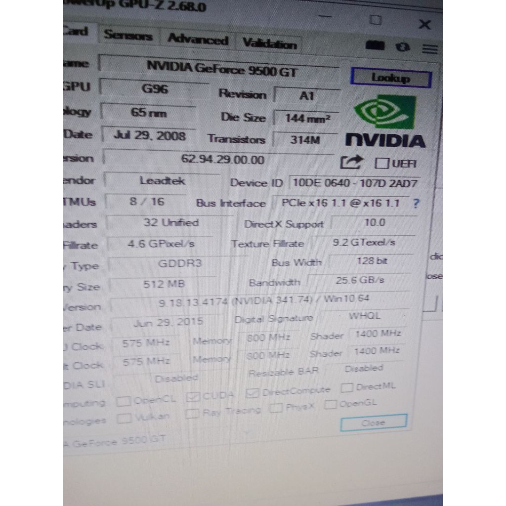 vga card 512mb Nvidia 9500gt ddr3 128bit