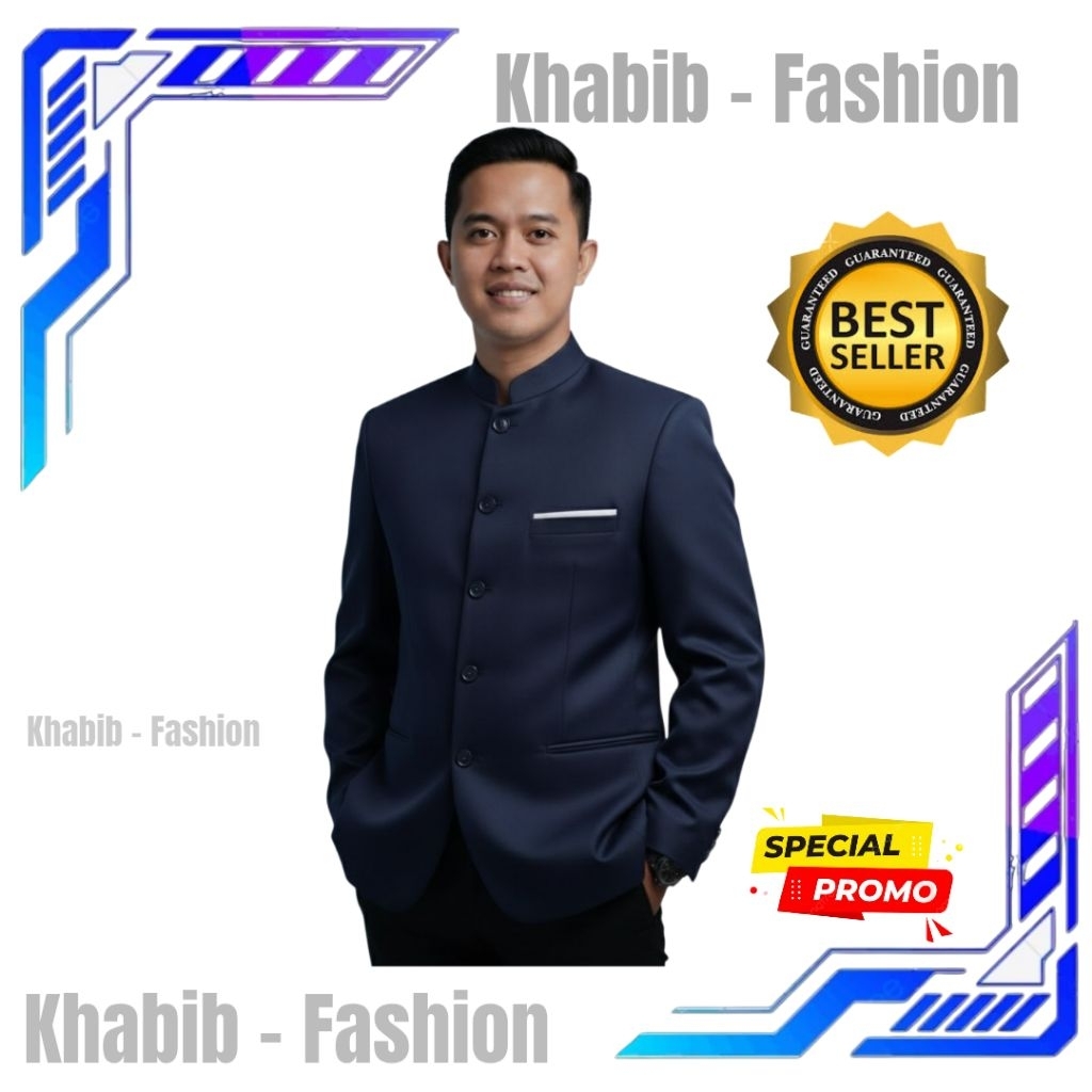JAS KOKO JASKO MANDARIN PRIA WARNA BIRU DONGKER LIST SAKU PUTIH