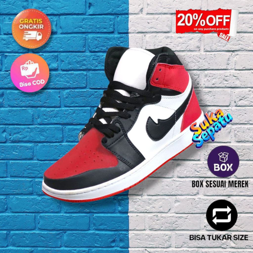 Sepatu Sneaker Kasual Casual Sport Kets Santai Pria Wanita JRDN Red Black White Merah Hitam Putih Co
