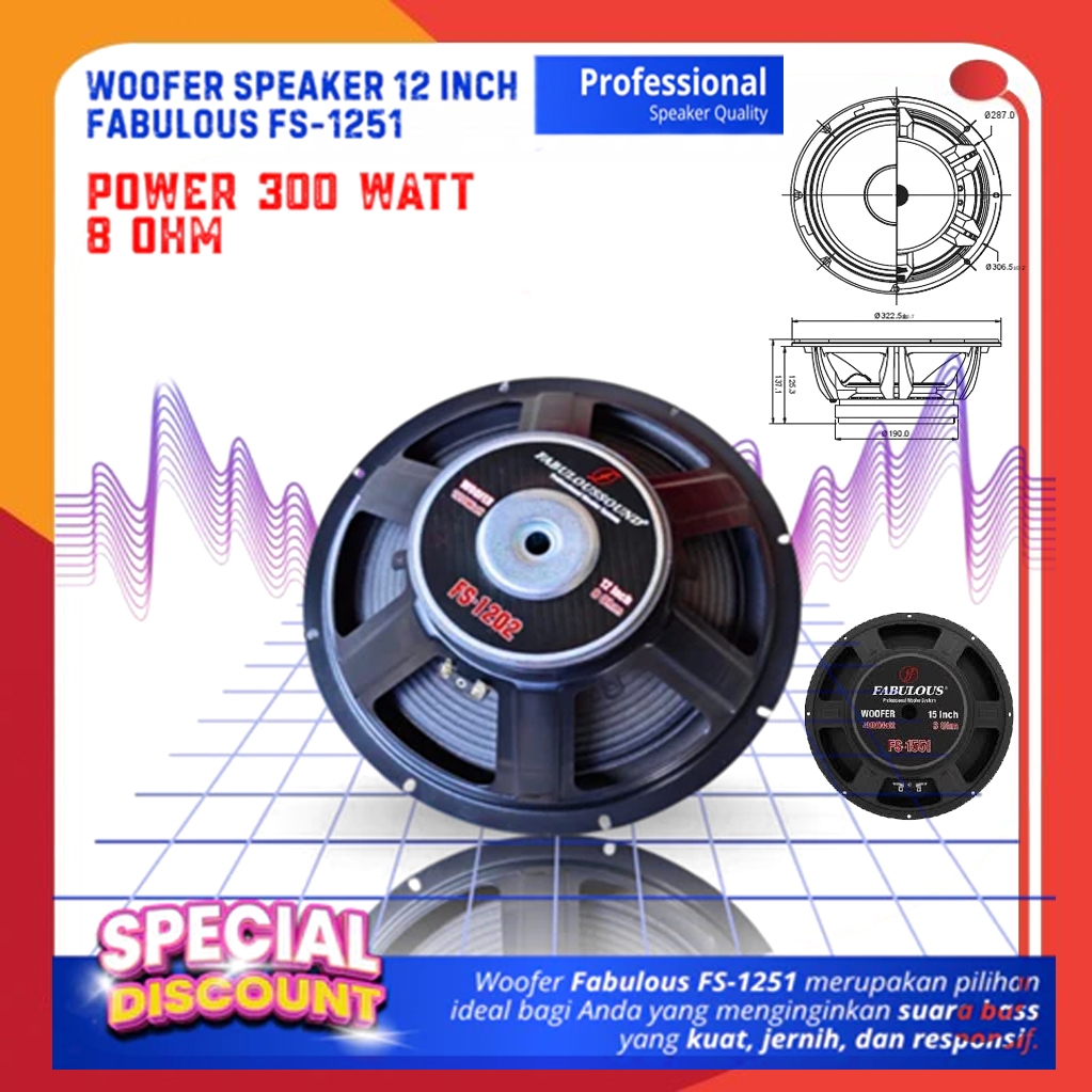 Subwoofer Speaker 12 Inch Fabulous FS-1251 Power 300 Watt 8 Ohm Woofer 12 Inch Double Coil Komponen 