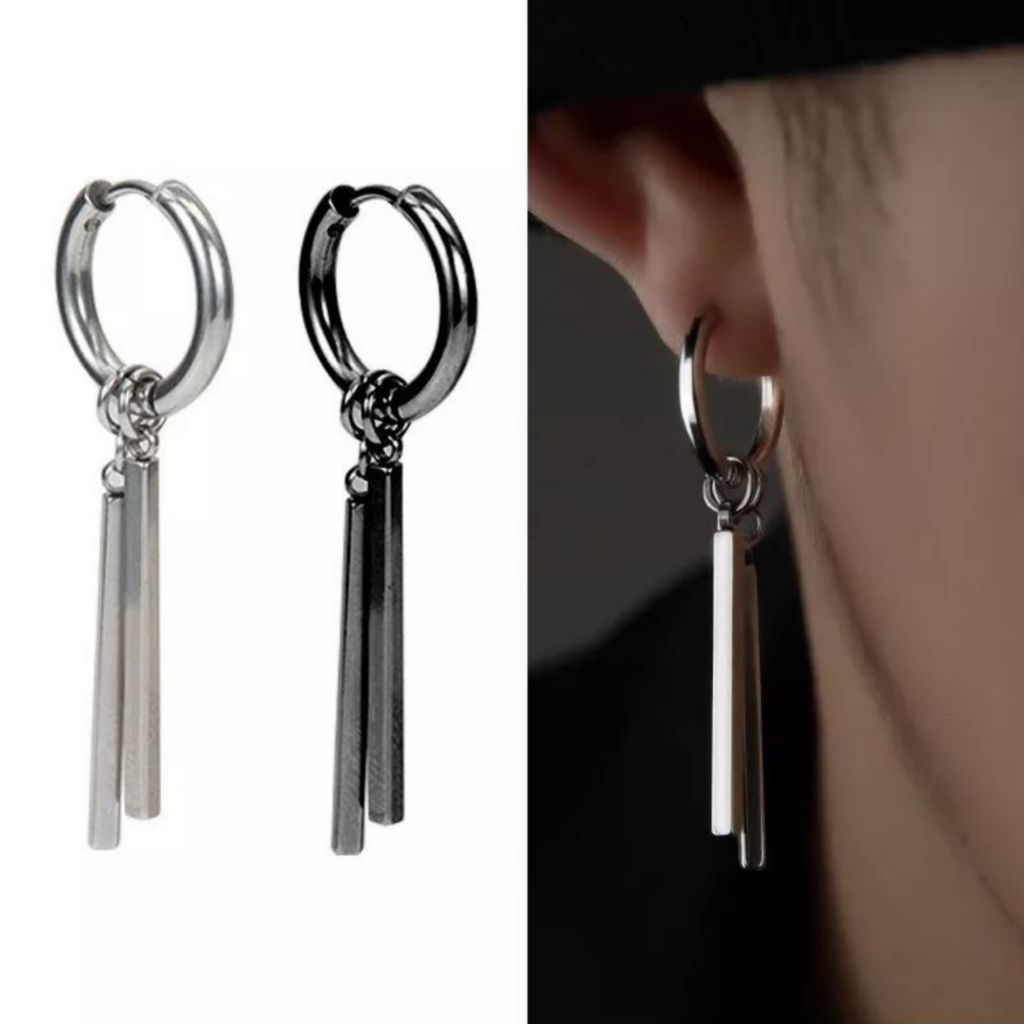 Anting Tindik Dan Jepit Hoop Batang 2 Hitam Dan silver / Anting hoop Titanium Anti Karat / Anting K-