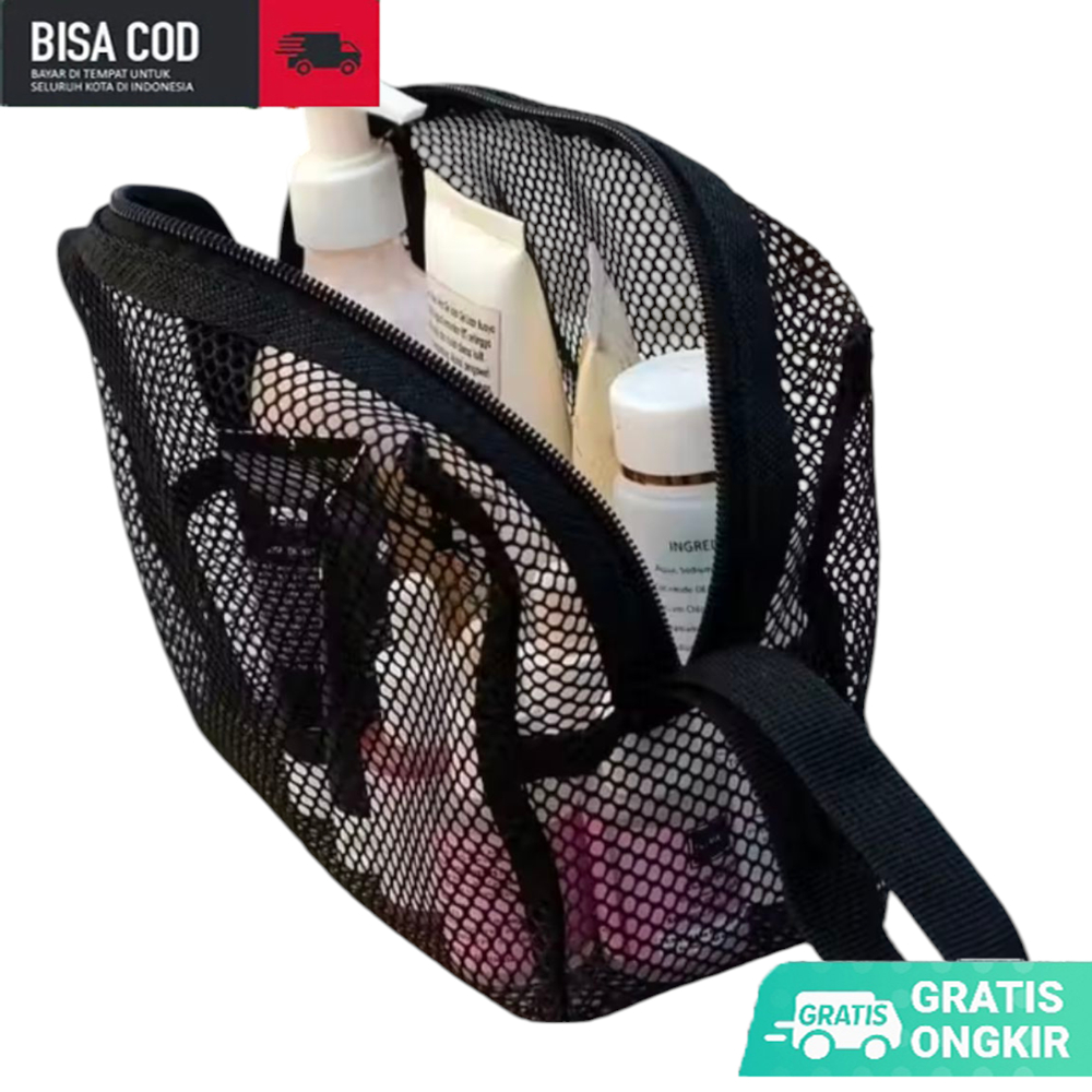 Tas Jaring kosmetik Tempat Peralatan Mandi Pouch Traveling Bahan Jala Tebal Hitam Transparan/travel 