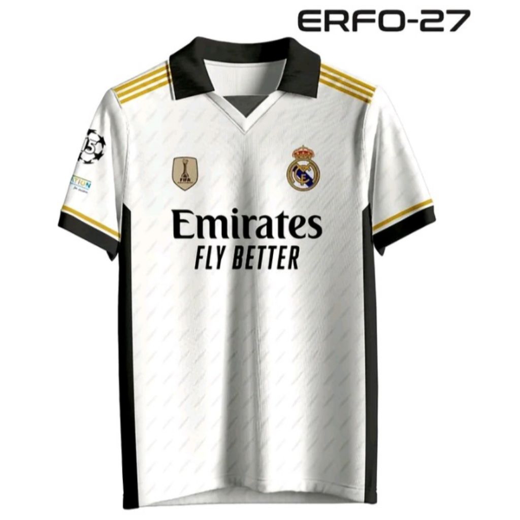 Jersey Real Madrid ERFO motif diagonal hitam putih