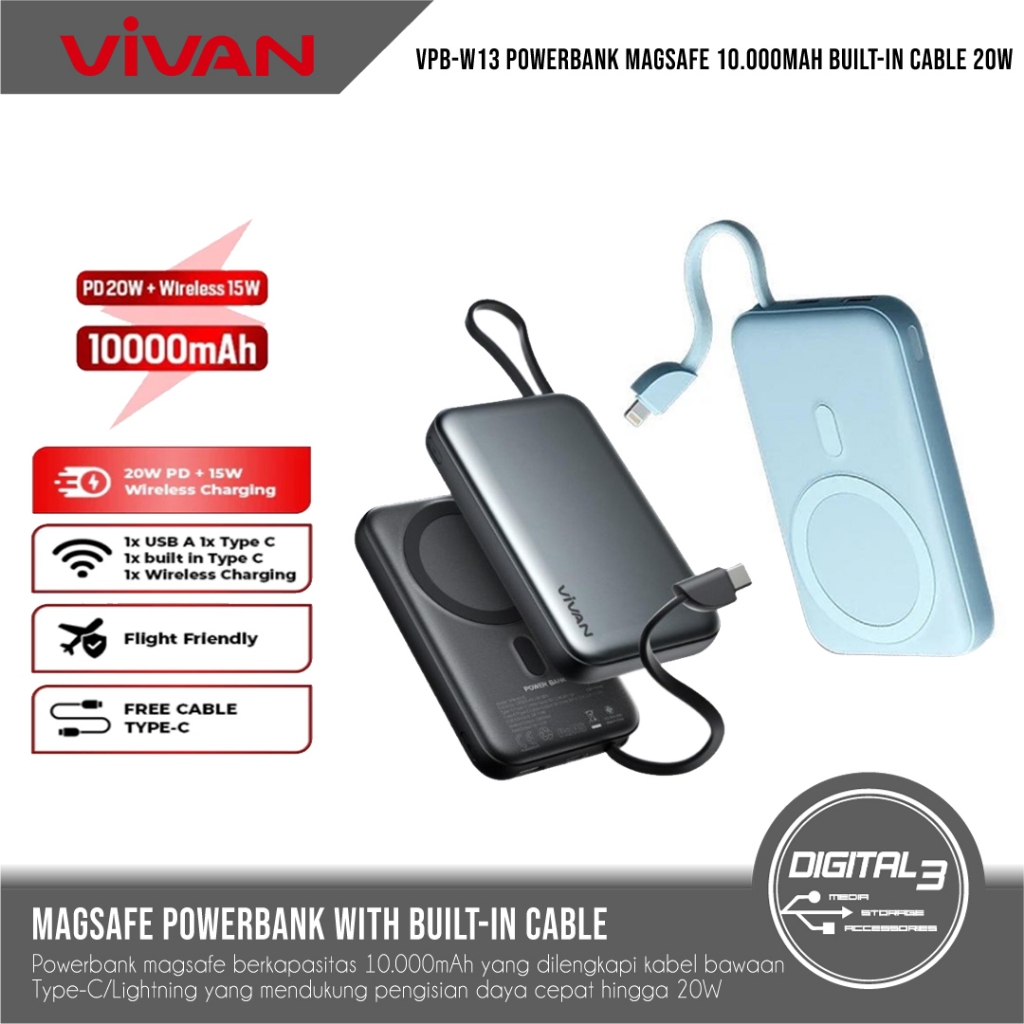 VIVAN VPB-W13C / VPB-W13L Powerbank Magsafe 10.000mAh PD 20W QC3.0 Fast Charging Wireless 15W Magnet